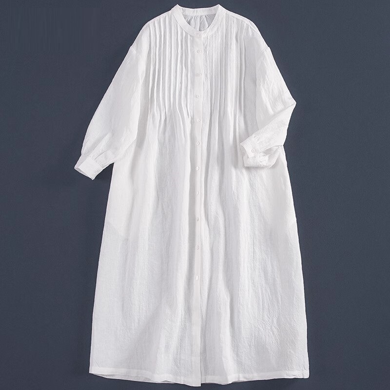 2025 Spring and Summer Pleated Design Linen Long Sleeve Shirt Dress Versatile Casual White Long Shirt Dress 2025 Spring and Summer Pleated Design Linen Long Sleeve Shirt Dress Versatile Casual White Long Shirt Dress
