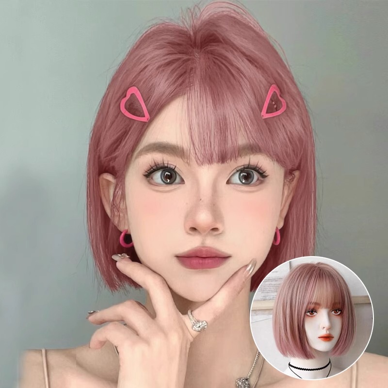 Pink Wig Full Head Cover Women's Lolita Short Hair Internet Red Wave Wave Head Fluffy Age-reducing Simulation Hair COS Wig Cover