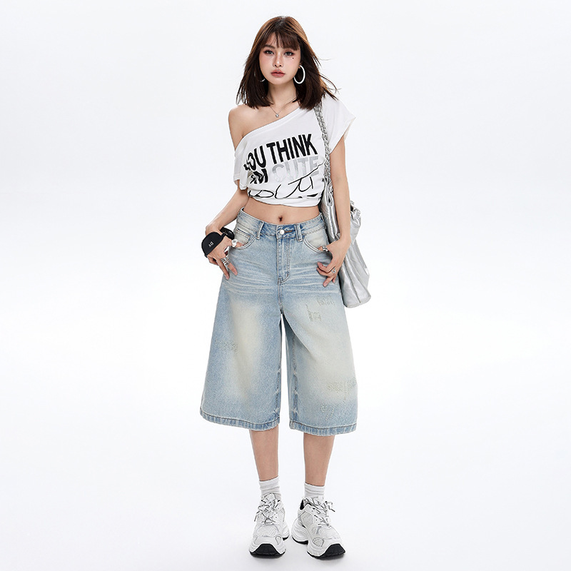 American Retro Washed High-Waisted Loose Wide-Leg Pants Versatile Straight Cropped Jeans Women's Summer New Style