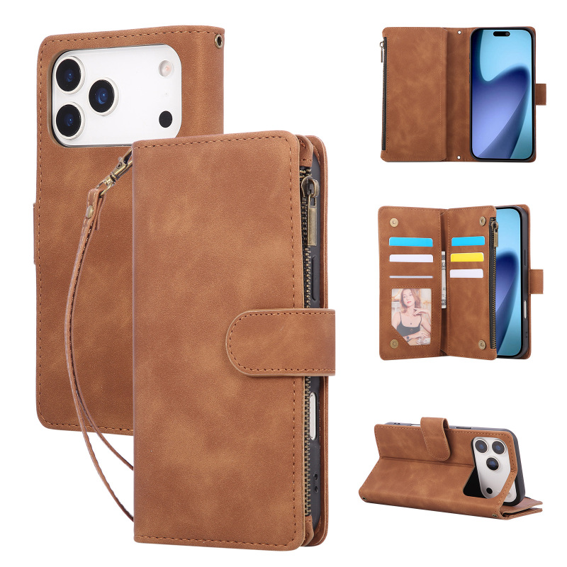 Suitable for Apple 17Pro Multi-Card Zipper Wallet-Style Protective Case iPhone Air/16E Card-Inserting Phone Leather Case