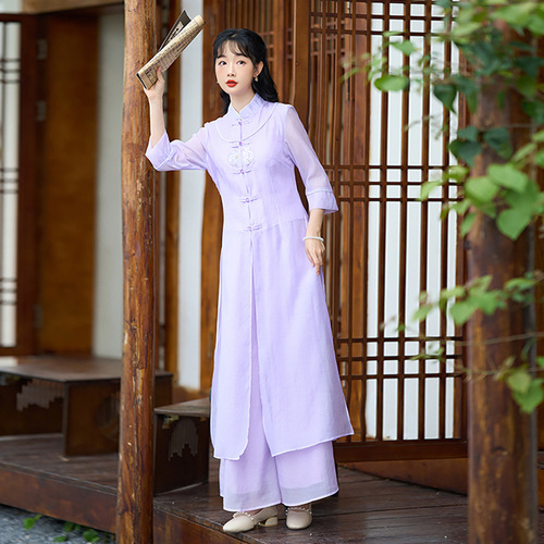 Traditional Chinese ancient purple hanfu retro qipao dress tops for women girls chinese blouses skrits retro embroidery outfit hanfu zen tea tang suit for female