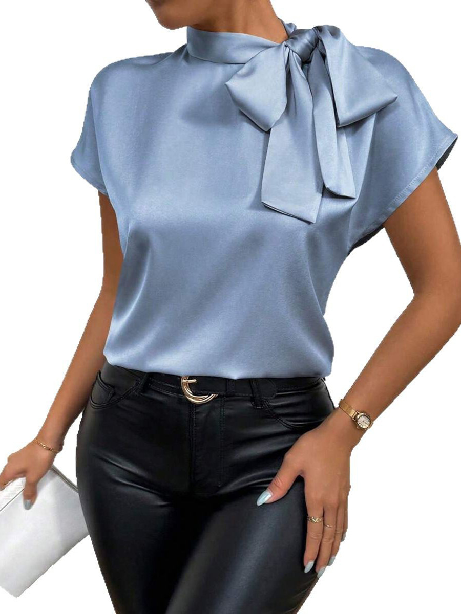 Nueva camisa de satén explosiva europea y americana para mujer 2025 verano Amazon blusa de lazo de manga corta transfronteriza para mujer