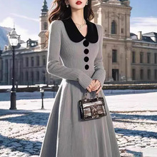 2025韩国复古POLO翻领收腰加厚针织毛衣连衣裙名媛小洋装过膝长裙