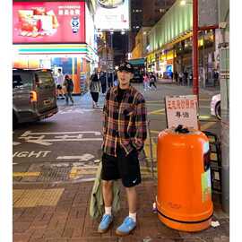 长宽松型青少年翻领潮耐磨撞色格子衬衫男美式街头复古痞帅外套潮