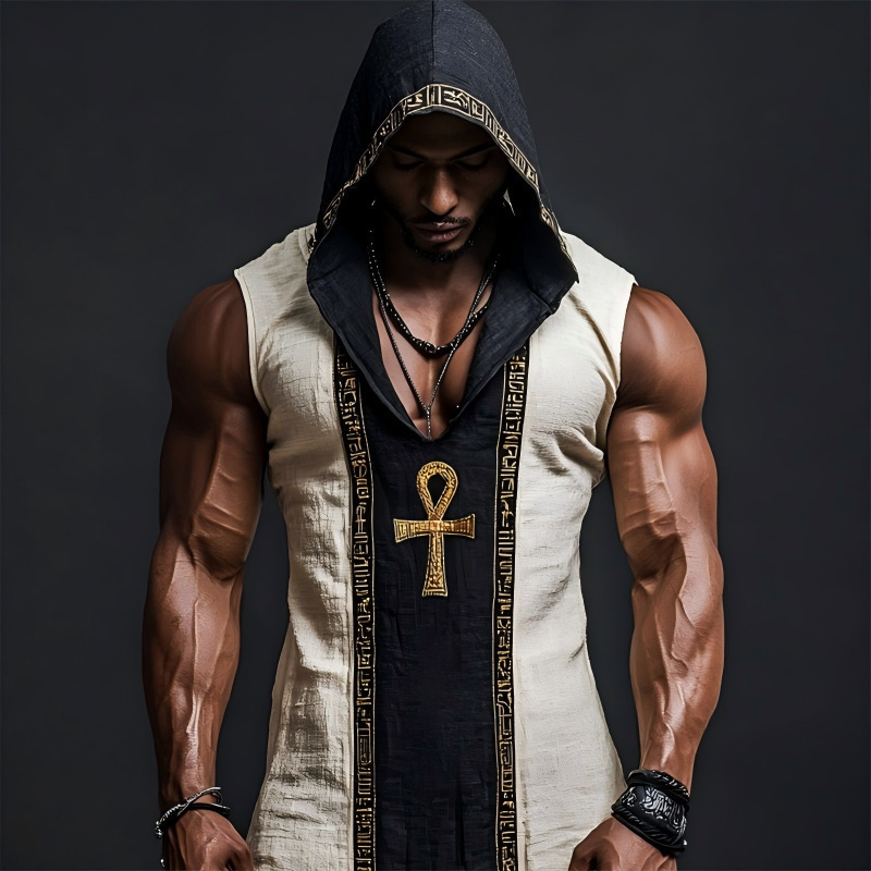 2026 Cross-Border Men's Egyptian Style Hooded Vest Summer Fitness Sleeveless Vest Retro Muscle Men's Casual Top 2026 Cross-Border Men's Egyptian Style Hooded Vest Summer Fitness Sleeveless Vest Retro Muscle Men's Casual Top