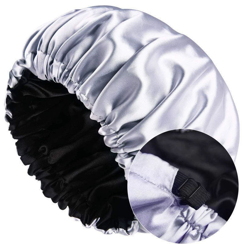Double‑sided satin nightcap, adjustable women's pullover beanie, enlarged head circumference, silky lining