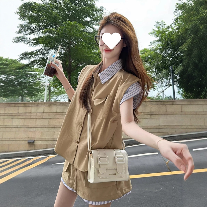 港风复古运动套装女夏季宽松时尚假两件衬衫短袖短裙休闲两件套潮|undefined