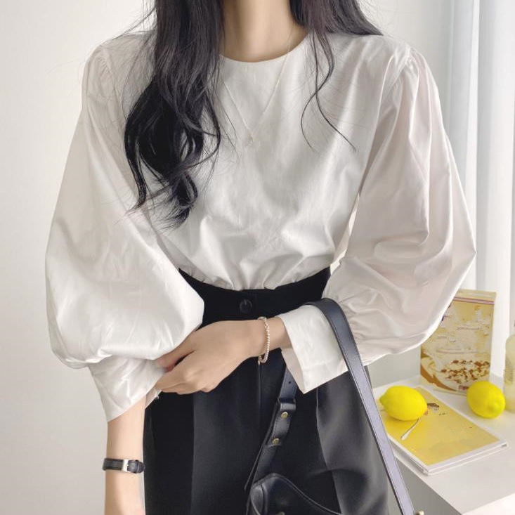 春先フレンチレトロファッションシンプルデザインプリーツパフスリーブラウンドネックプルオーバーシャ​​ツトップ|undefined