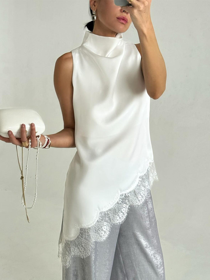 Áo hai dây cổ cao viền ren vai trần dáng bất đối xứng chất liệu satin mềm mại — Màu trắng chi tiết 16