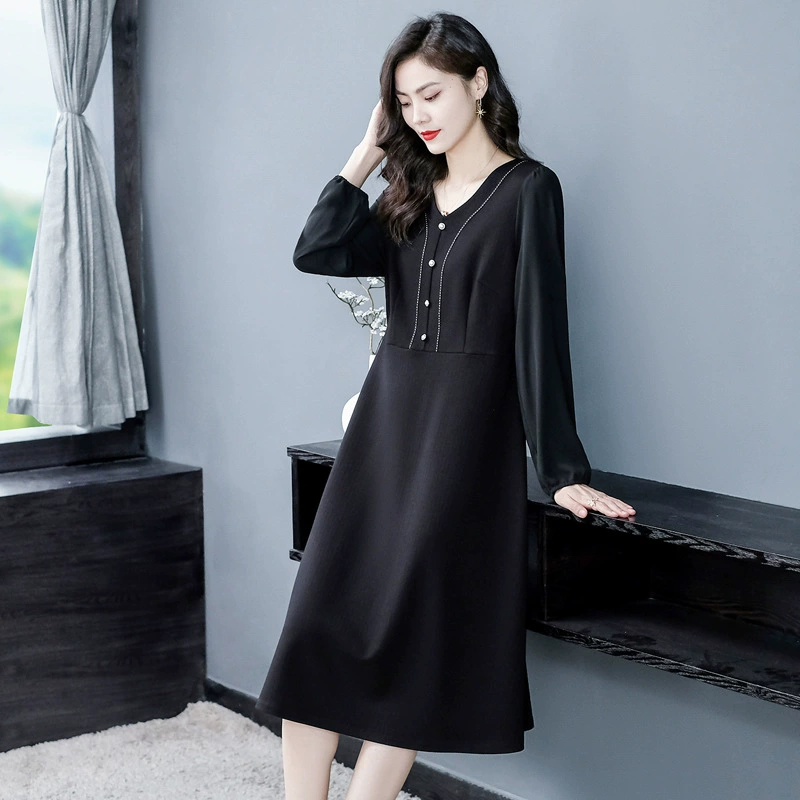 Французское высококачественное Элегантное летнее легкое платье больших размеров, свободное летнее платье с V-образным вырезом и длинными рукавами, женская одежда для людей среднего и пожилого возраста