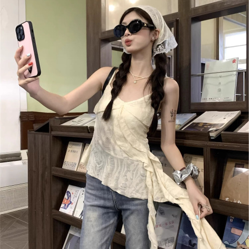 Vintage distressed holeless camisole top for women, summer 2025 new style, waist-cinching, irregular pleated edge splicing, trendy