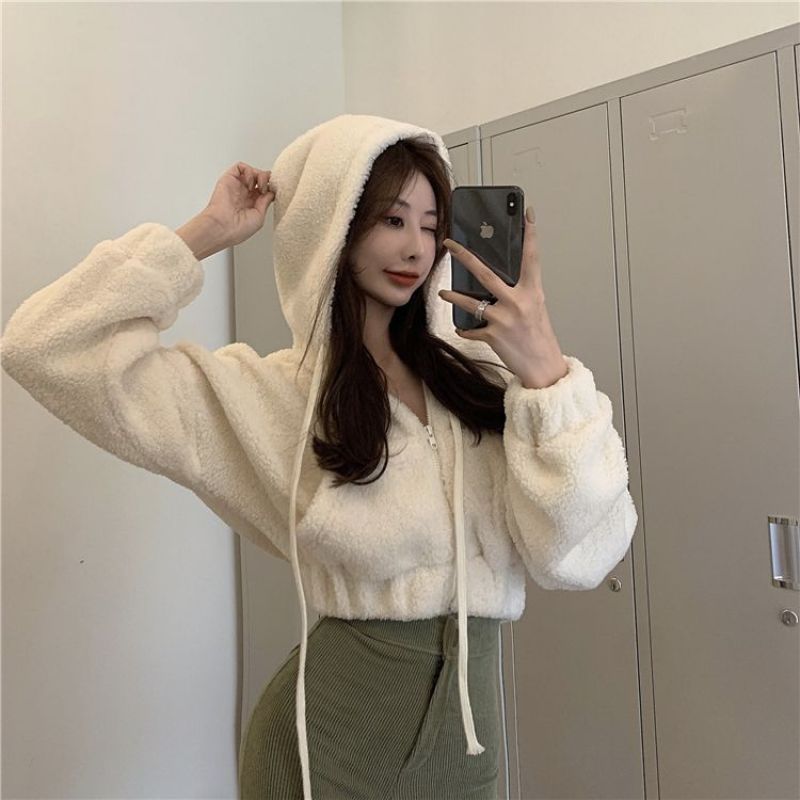 Petite Solid Color Age-Reducing Lamb Wool Hooded Kangaroo Pocket Zipper Short Sweatshirt for Women Autumn and Winter Slimming