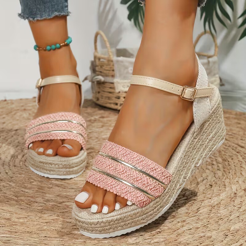 Wedge Sandals for Women 2026 Summer New Style Straw Woven Rhinestone Glitter Wedge Thick-Soled Sandals Simple and Comfortable Fashion Shoes