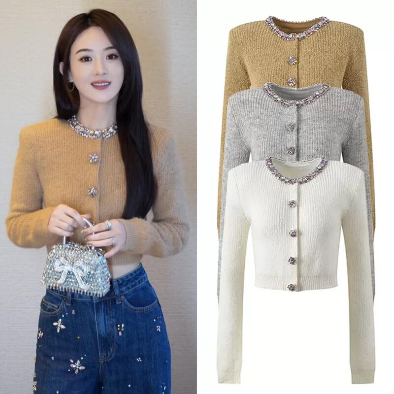 Colorful Diamonds! Sp's Zhao Liying Same Style 2025 Autumn and Winter New Model, Sweet Light Coffee Color Camel Wool Knitted Cardigan