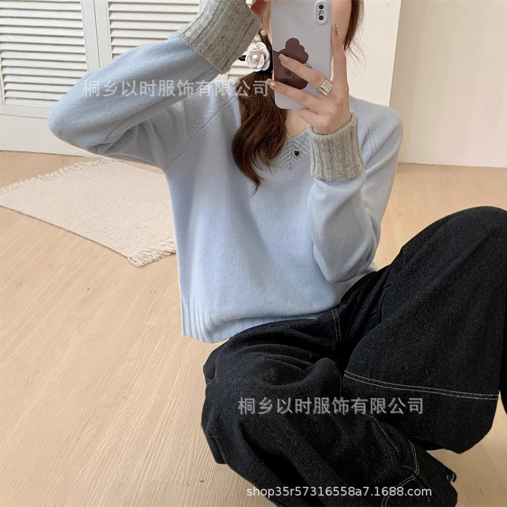 ESHI 겨울 새로운 품질 니트 PUYUAN 양모 스웨터 여성의 V 넥 컬러 소매 대비 컬러 모든 울 스웨터