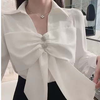 蝴蝶结衬衫女长袖春秋款韩版宽松时尚法式衬衣V领套头别致上衣潮
