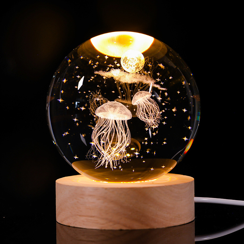 Bola de cristal luminosa lámpara de noche 3D esculpida estrella base de madera sólida regalo de cumpleaños decoración de escritorio creativa