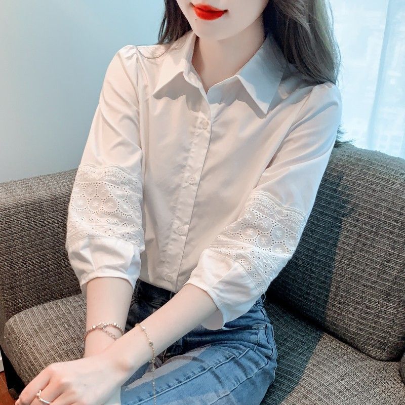 2025 봄과 여름 새로운 여성 퍼프 슬리브 코튼 셔츠 여성 느슨한 배꼽 덮는 7부 소매 탑 유행