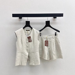 深センNanyouの新しいスタイルの通勤レトロカジュアル刺繍リネンスーツVネックウエストベスト+ストレートショーツ