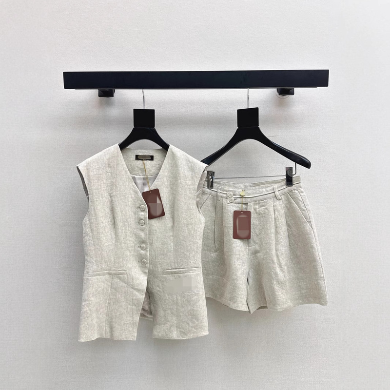 深センNanyouの新しいスタイルの通勤レトロカジュアル刺繍リネンスーツVネックウエストベスト+ストレートショーツ|undefined