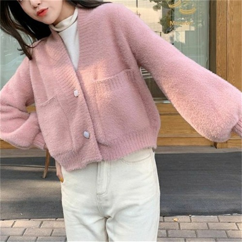 KANING imitates sable fur knitted cardigan women's new Korean version autumn and winter short small size loose outerwear sweater women 