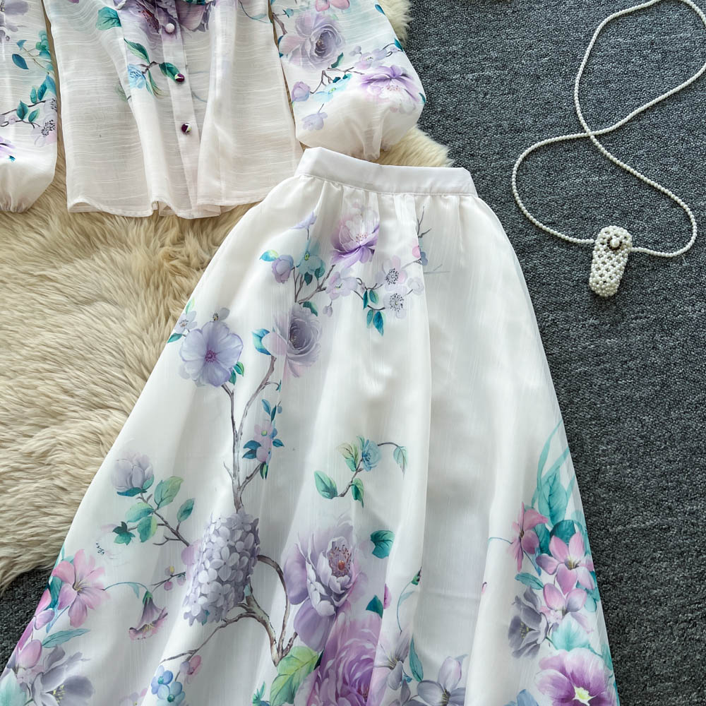 Women's French Retro Floral Print Two Piece Skirt Set Stand Collar Lantern Sleeves Slimming Maxi Skirt Autumn Style_ecoleips.com