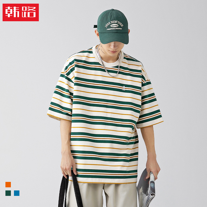 Korean Road Japanese Men's Fashion Brand Retro Contrast Color Striped T-shirt Men's Spring and Summer New Loose All-match Couple's Short Sleeve