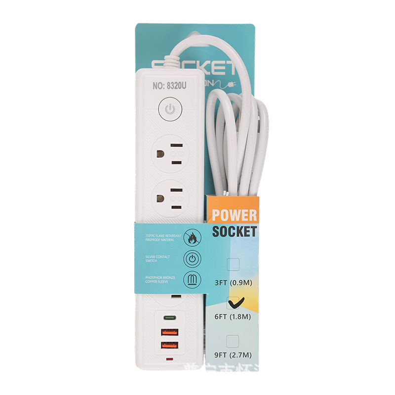 2USB 1Type-c toma de 4 posiciones y 12 orificios estándar americano americano conector de EE. UU. Lámina de cobre mezclada en blanco y negro 6FT