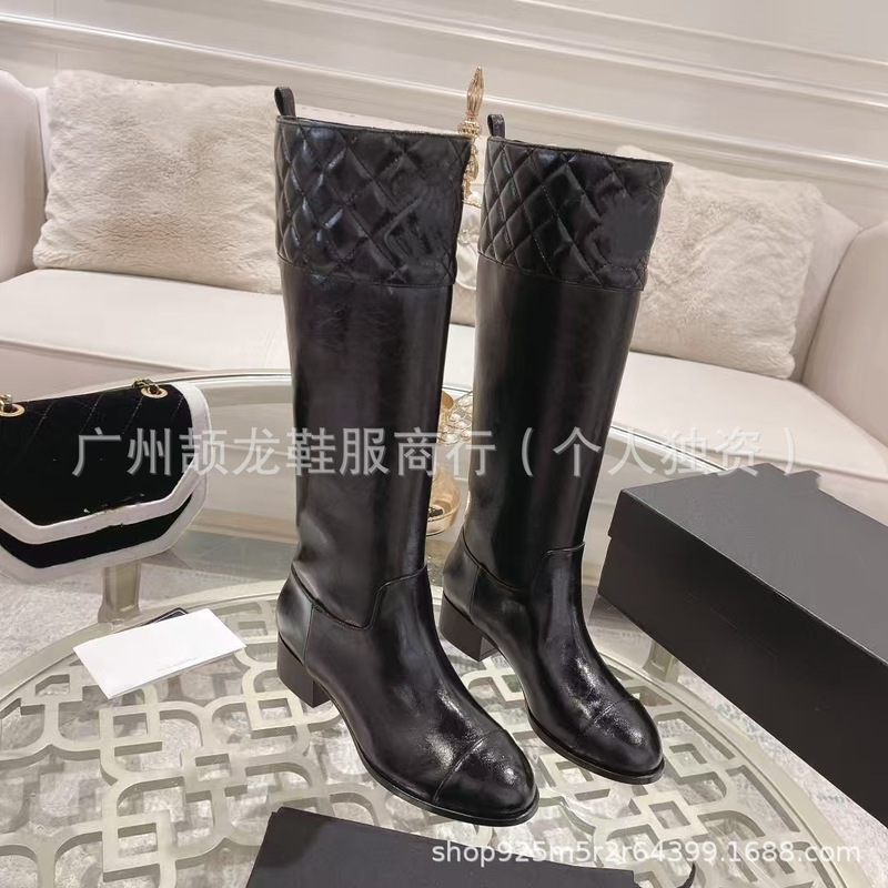 高端2025秋冬小香风真皮圆头拼色菱格粗跟侧拉链高筒弹骑士靴长靴|undefined