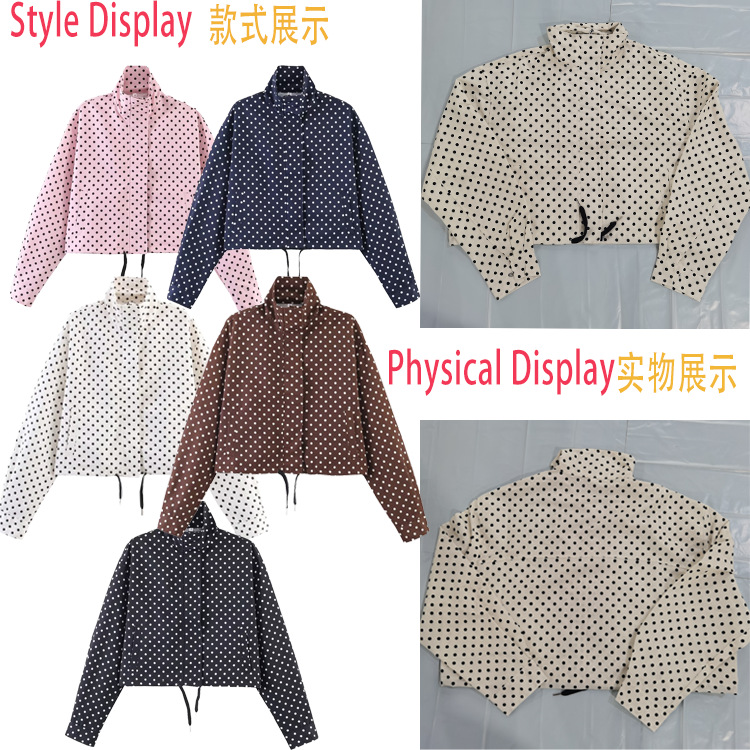 Cross-Border Women's New Fashion Polka Dot Short Jacket with Stand Collar, Loose Casual Long-Sleeve Jacket, Spring and Autumn Trendy Top