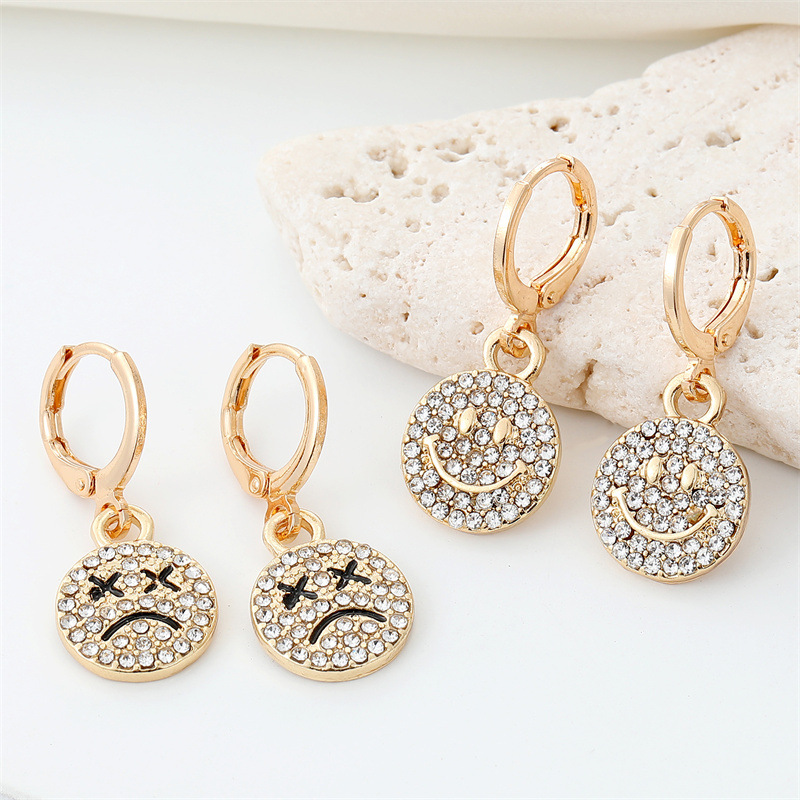 Ornament Korean New Cute Full Diamond Smiley Face Crying Face Earrings round Facial Expression Europe and America Cross Borderpicture4