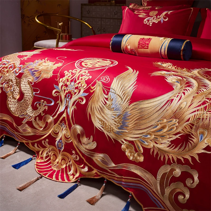 Свадебный комплект в новом китайском стиле с вышивкой дракона и феникса, из сатина 160S и длинноволокнистого хлопка, комплект из четырех предметов, легкая роскошь, высококачественный, для торжественных случаев с драконом и фениксом