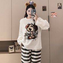 秋冬季法兰绒休闲保暖宽松睡衣女卡通条纹可爱家居服可外穿两件套