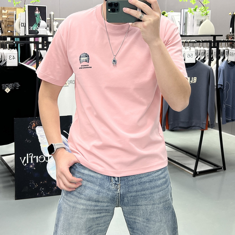 Summer New Men's Silk-Like Short-Sleeve T-Shirt with Letter and Hat Print, Casual Round-Neck Half-Sleeve Tee, Fashionable Trendy Ins Style
