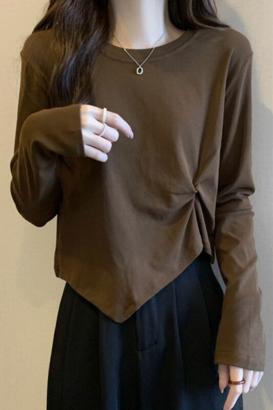 纯棉大码女装设计感长袖T恤小心机打底衫春秋胖mm显瘦不规则上衣|undefined