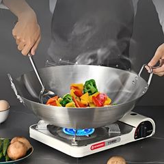 さまざまな仕様に適したメーカー卸売の未塗装の厚みのある丸底ステンレス鋼サンディング双耳中華鍋ガスストーブ