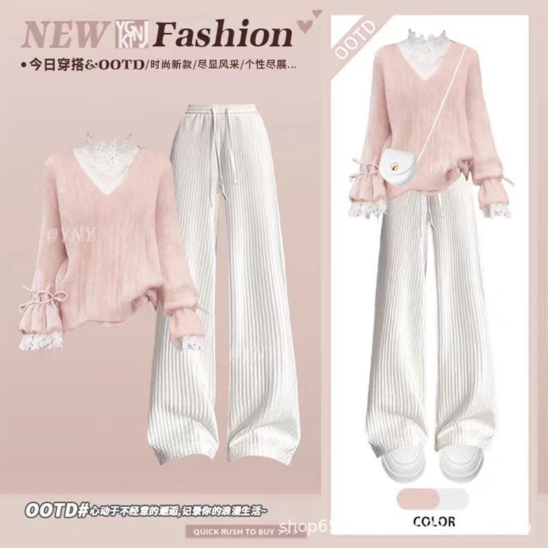 Lazy Style Gentle Outfit for Women, Faux Two-Piece Lace Patchwork Knit Top, White Wide-Leg Pants, Slimming and Age-Reducing Two-Piece Set