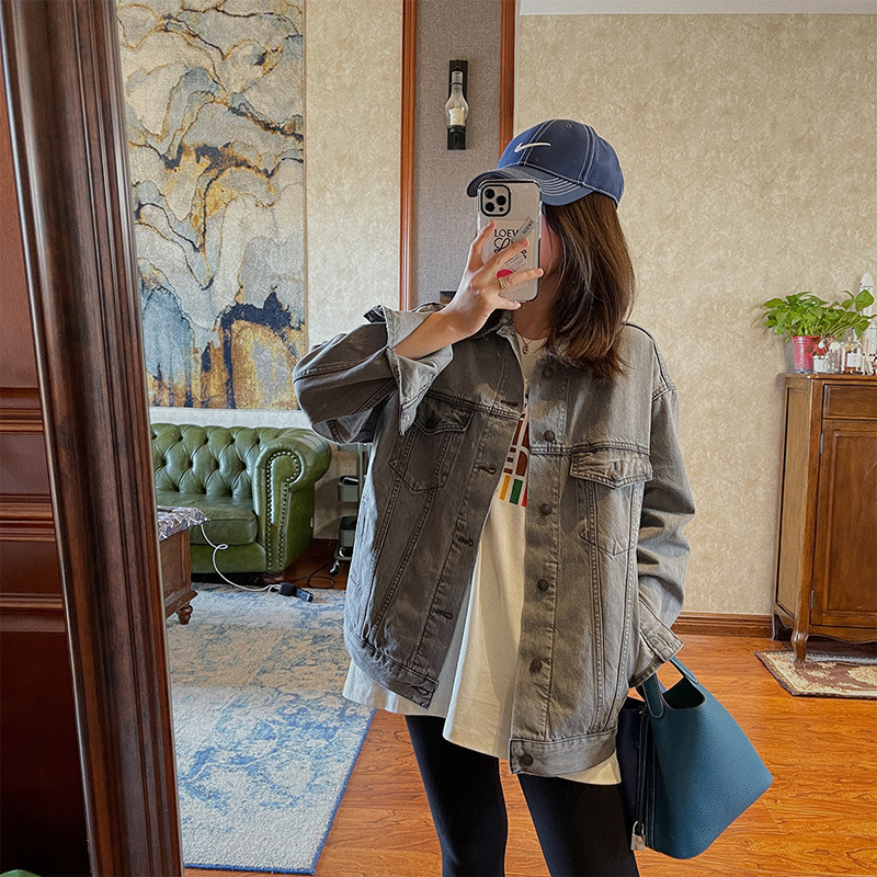 3922# 2021spring new casual jacket short gray thin Denim coat for women Spring and Autumn retro