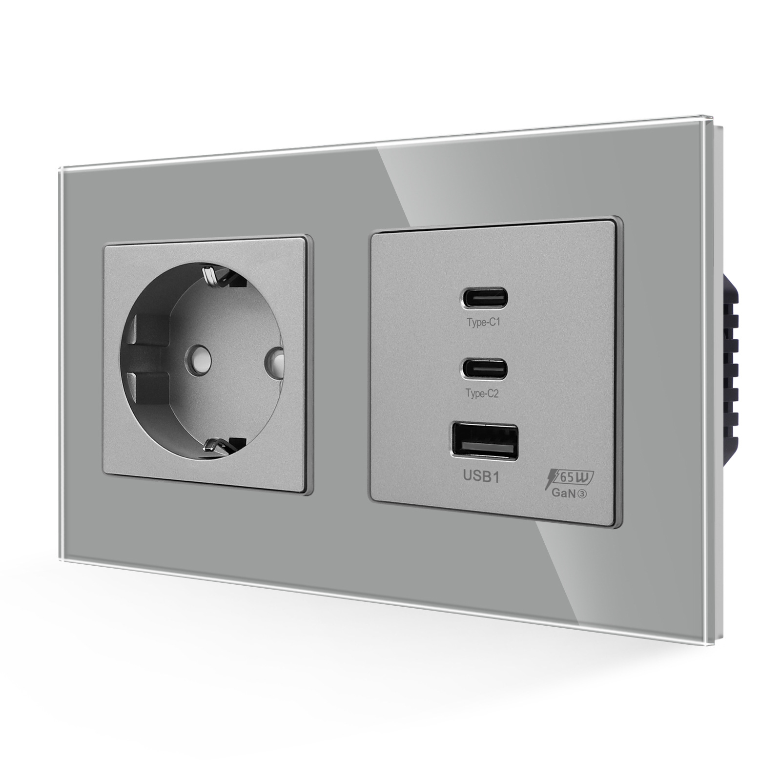 灰色德插 65W超级快充USB/Type-C插口欧式插座德式插座