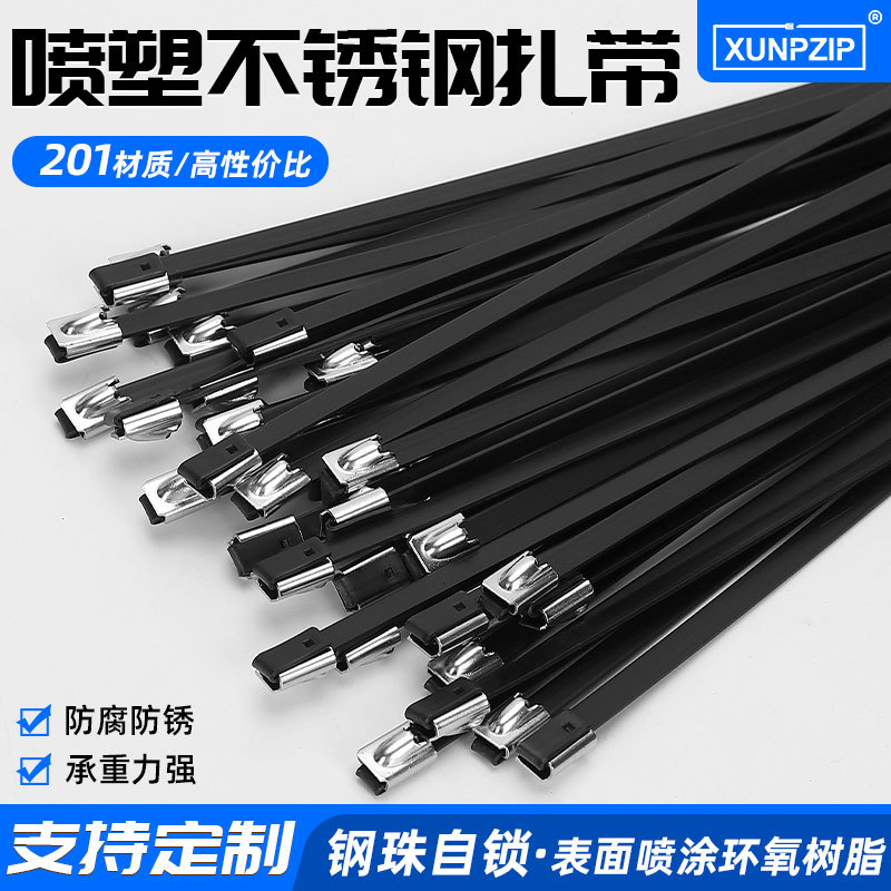 黑色201喷塑不锈钢扎带4.6*300黑色金属桥架束线带标牌电缆阻燃