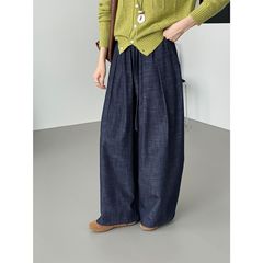 那末牛仔神裤～韩系慵懒调性系带阔腿裤女松紧腰百搭气球裤E7031
