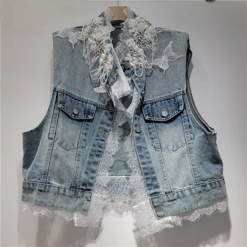 Coreano retro cuello redondo mano clavado plumas encaje empalme chaleco de vaquín mujeres 2026 primavera y verano nuevo image 1