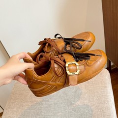 现货版~皮带扣双鞋带美式复古德训鞋平底时尚休闲鞋女2025新款秋