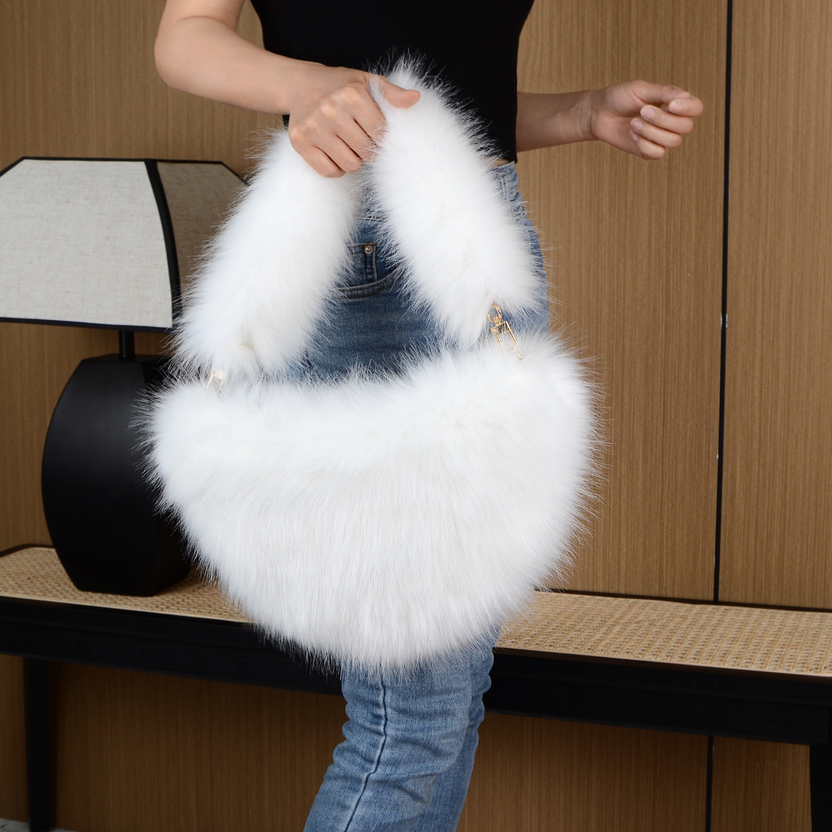Fashion women's bags solid color plush messenger bag women's wool semi circular dumpling bag handbag_voghion.com