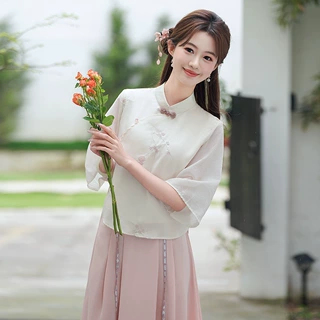 2026夏季新款女装刺绣七分袖立领复古文艺衬衫上衣