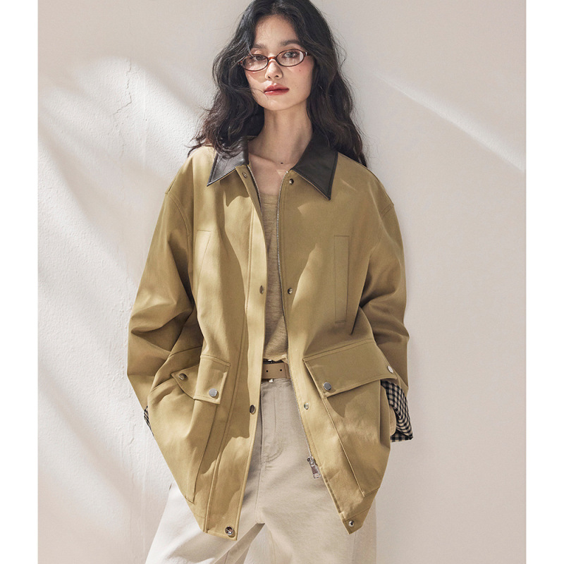 【Shengdu】26 Spring New Retro Style Trench Coat Barn Style Color-Block Pu Leather Lapel Plaid Patchwork Jacket 【Shengdu】26 Spring New Retro Style Trench Coat Barn Style Color-Block Pu Leather Lapel Plaid Patchwork Jacket