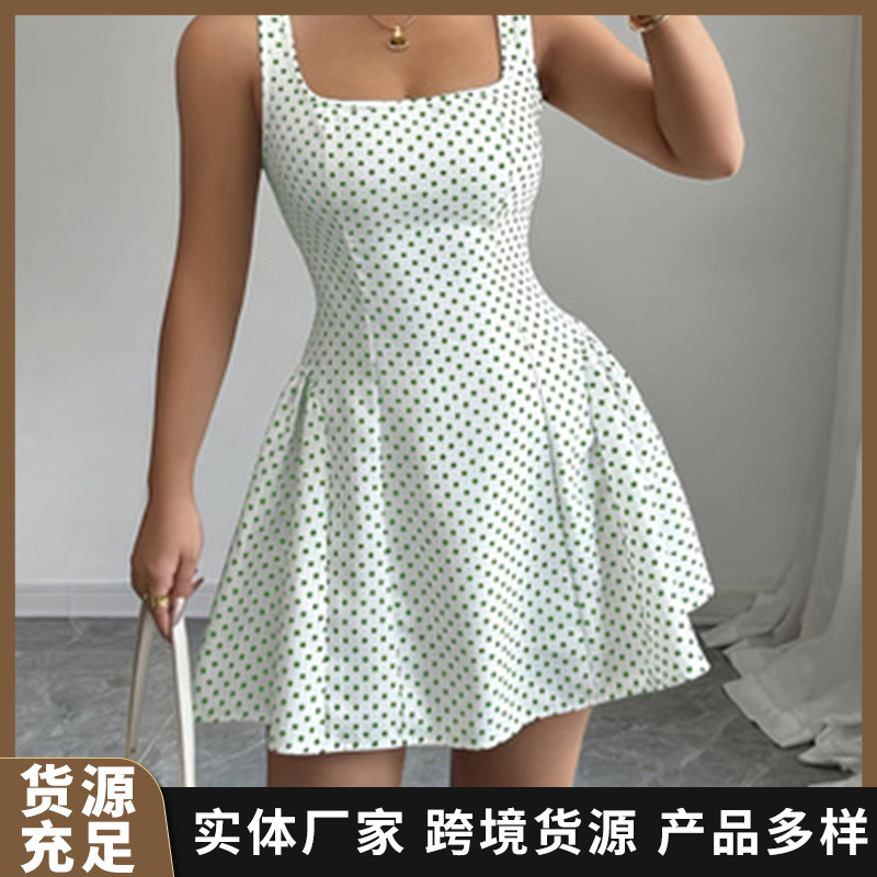2025 Spring Slim Fit Dress Polka Dot Strap American Style Strap Dress Vacation Style Fashionable and Elegant Painted Design