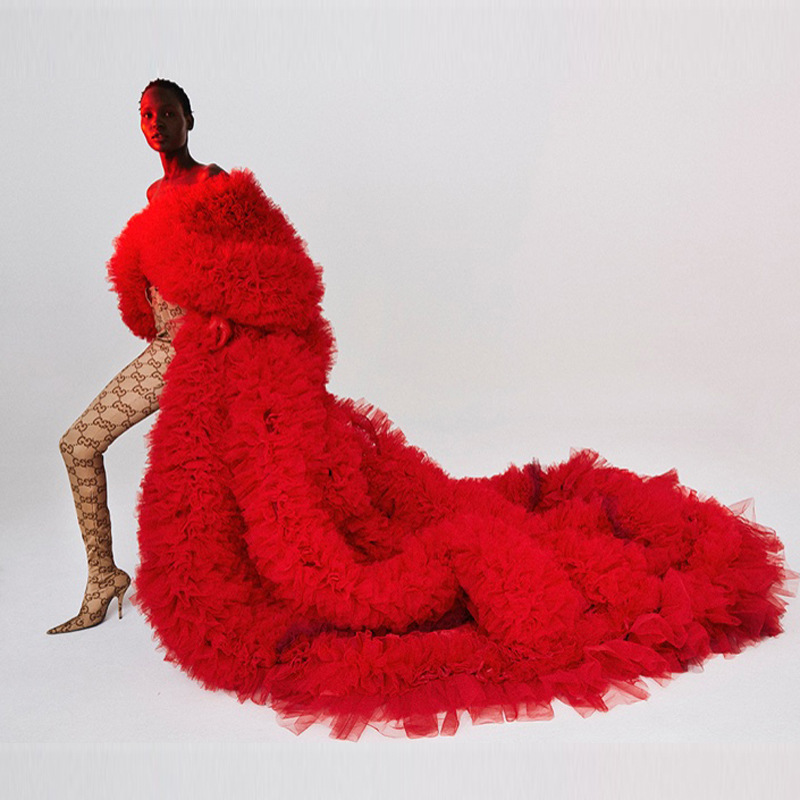 Luxury Red Full Ruffled Tulle dress Long Jacket Multi-Layer Veil Skirt Outer Pi Coat Women's Robe Performance Morning