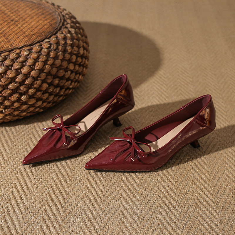[Factory Ready Stock] 3521 Patent Leather Pleated Design Fashionable High-Heeled Bow-Knot Elegant Women's Shoes