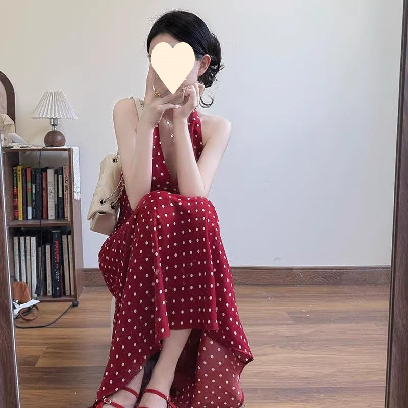 法式纯欲红色波点V领挂脖连衣裙子女设计感露背无袖背心长裙夏季|undefined